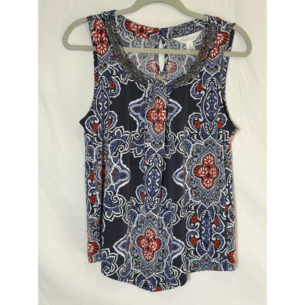 BOHO Magnolia Grace Women's Sleeveless Blouse Beaded Neckline, Size M Paisley